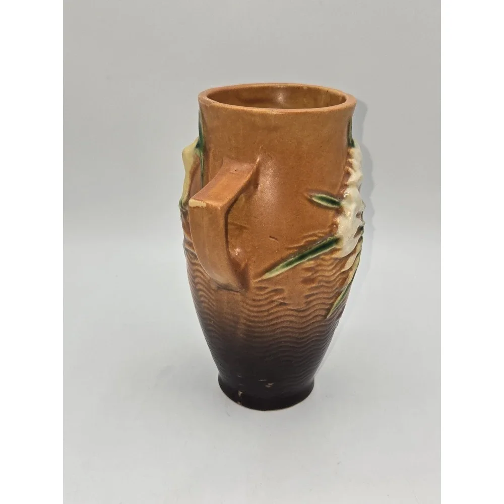 Roseville Freesia Vase 117-6 Double Handle Brown Art Pottery 1940s